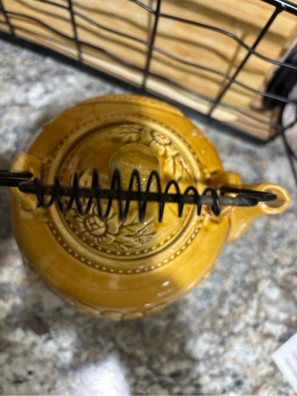 Vintage Yellow Ceramic 'Tea Time' Decorative Teapot with Wire Handle